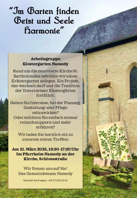 Das Bild zeigt die Skizze eines Klostergartens vor dem Hintergrund der Kirche von Namedy